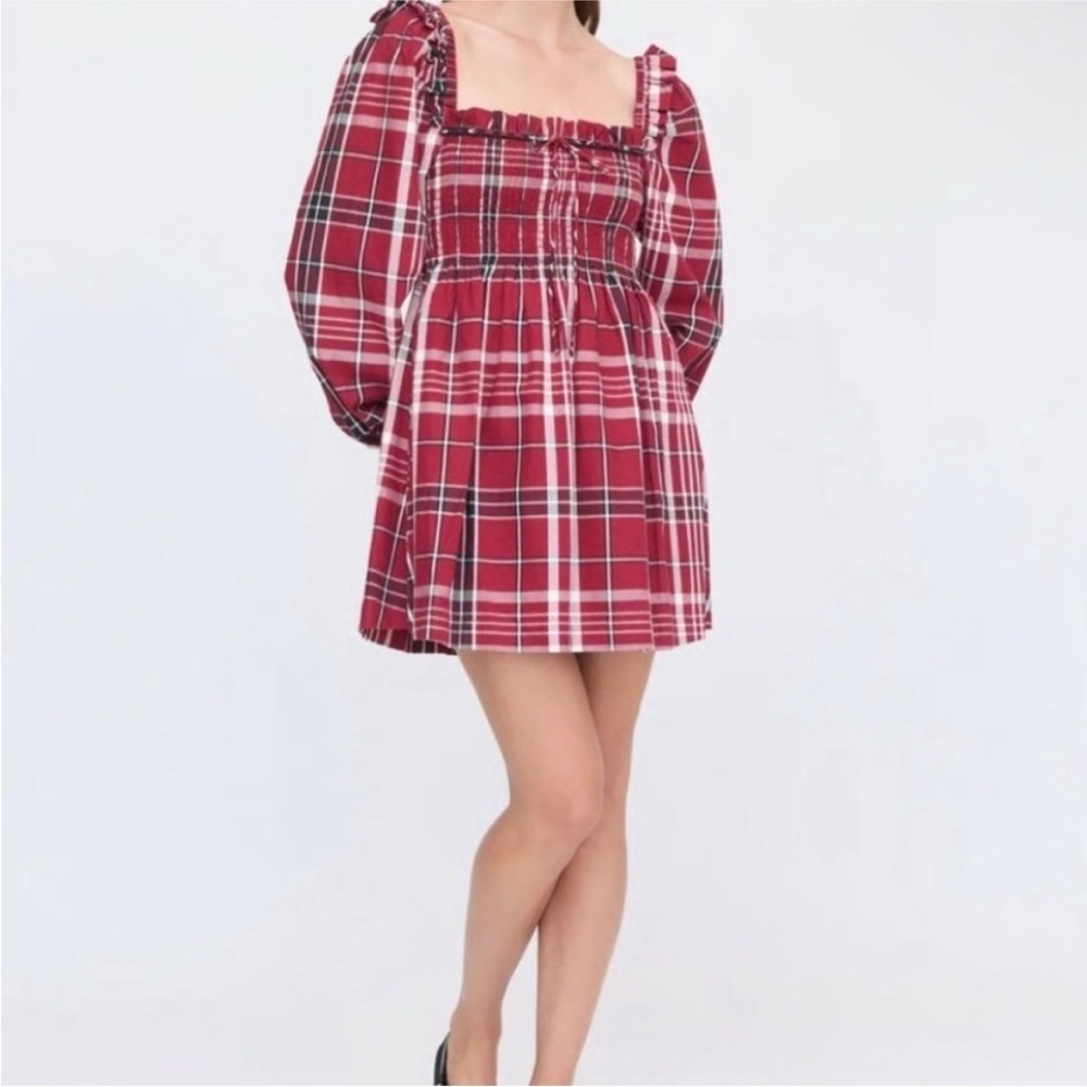 Hill House Long Sleeve Scarlett Mini Nap Dress Crimson Tartan Size L